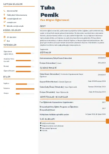 Fen Bilgisi Öğretmeni CV Örnekleri cv indir